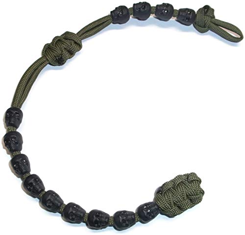 RedVex Ranger Pace Counter Skull Beads OD Green Cord - 13 inches - Choose Your Skull Color and Attachment (Black Skulls, Steel Carabiner) - RedVex